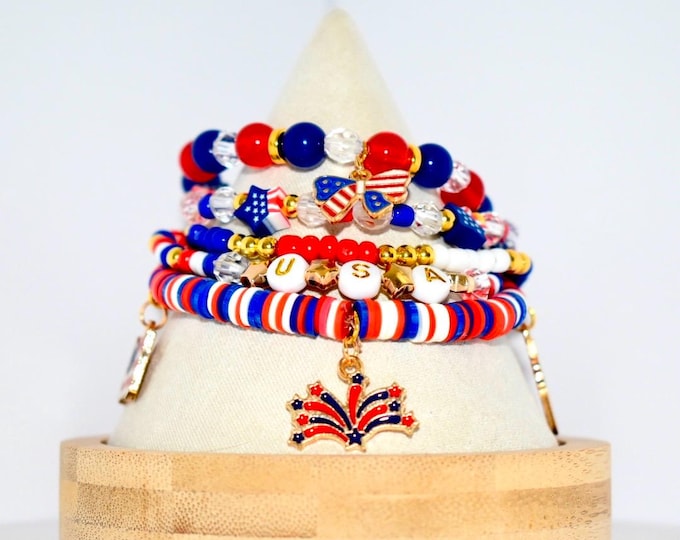 Patriotic Bracelet Stack: Red White Blue Beaded 4th of July Jewelry