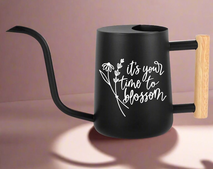Matte Black Metal Watering Can: Wood Handle, Blossom Design