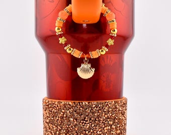 Orange Red and Gold Tumbler Handle Charm Bracelet with Shell Charm