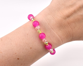 Bougainvillea Beaded Stretch Bracelet | Hot Pink Green Gold Stackable Floral Summer Jewelry
