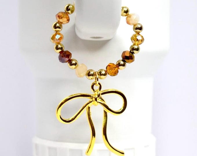 Chocolate Brown and Gold Tumbler Handle Bracelet with Amber Beads, Bow Charms
