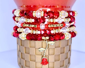 Red Rose Charm Bracelet Collection with Gold Accent Beads