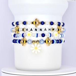 Personalized Bee & Daisy Tumbler Bracelet Stack: Blue and Gold