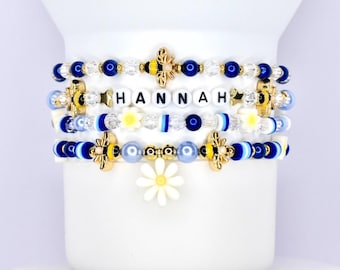 Blue and Gold Bracelet Stack with Bee Accent Beads and Daisy Charm