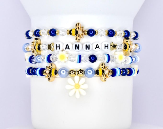 Blue and Gold Tumbler Bracelet Stack with Bees and Daisies