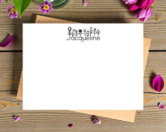 Personalized Floral Letter Name Art Notecard: 5x7 Printable Black and White Name with Flowers