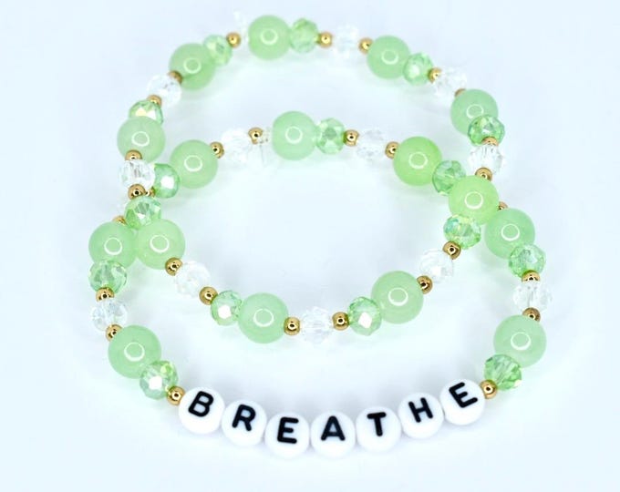 Green Beaded Custom Word Bracelet Set: Crystal and Gold Accents