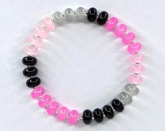 Glass Bead Stretch Bracelet with Pink, Black, and Gray Beads and Silver Spacers