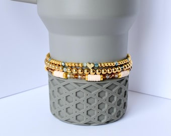 Sage Grey Bracelet Stack with Gold Accents - 3 Piece Set