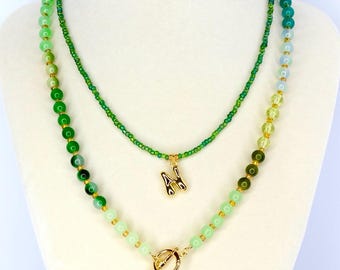 Green Gradient Initial Necklace Set - 2 Piece Set