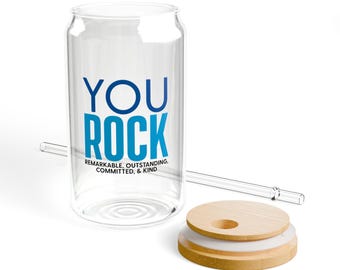 You Rock Glass Can Cup: Appreciation Gift with Bamboo Lid & Straw