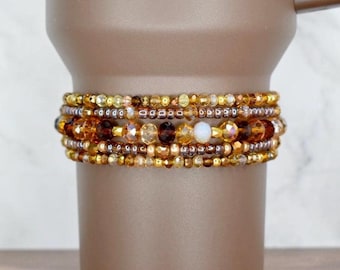 Amber and Gold Bracelet Collection: Brown Beaded Bracelets with Gold Accents