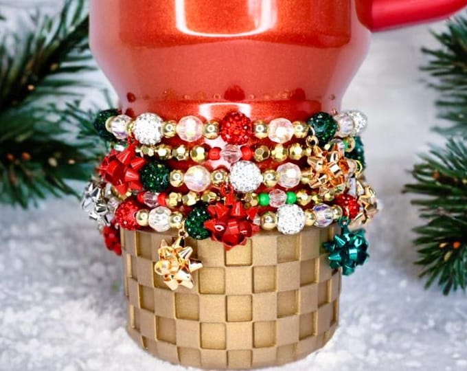 Holiday Bracelet Stack: Red & Green Sparkle, Mini Bow Charm Bracelets for Tumbler or Wrist