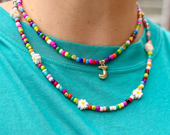 Rainbow Seed Bead Initial Necklace: Gold Filled Charm, Adjustable Boho Jewelry, Necklace for Layering