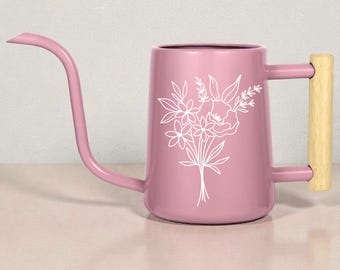 Personalized Watering Can Pink with Floral Bouquet and Customizable Name or Word Design