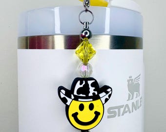Handmade Tumbler Straw Charm: Smiley Face Cowboy Hat Drinkware Accessory