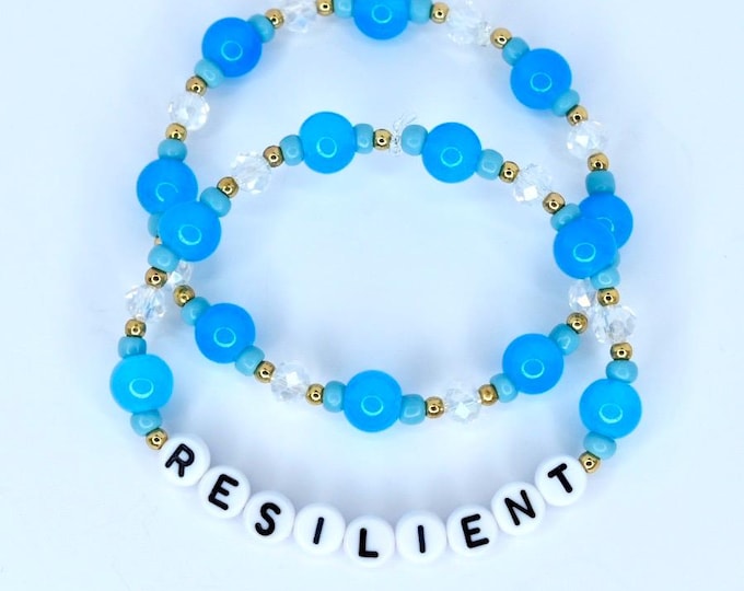 Blue Beaded Bracelet Set: Letter Beads, Crystal Accents, Motivational Jewelry