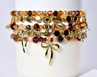 Chocolate Brown and Gold Bracelet Stack for Tumbler or Wrist: Amber Beads, Bow Charms