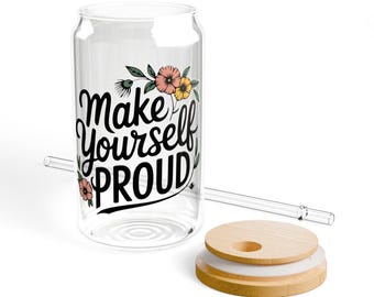Floral Glass Can Cup: Inspirational Iced Coffee Tumbler with Bamboo Lid
