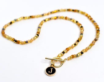 Brown & Gold Beaded Necklace with Custom Initial Charm