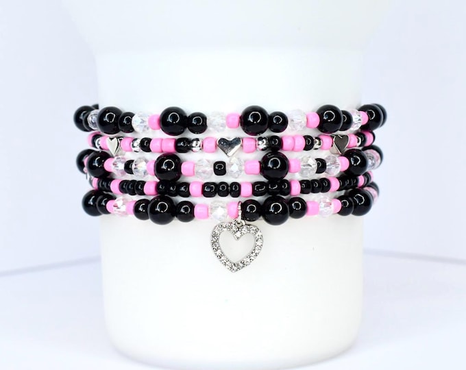 Black and Pink Heart Charm Bracelet Set of 5 – Tumbler or Wrist Stack
