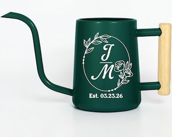Personalized Watering Can – Floral Initials, Custom Name Date, Stainless Steel, Wood Handle
