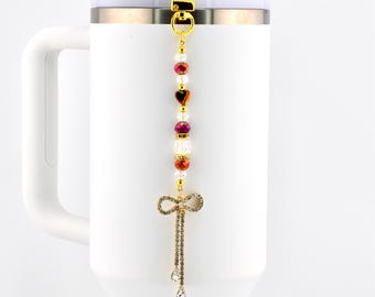 Rhinestone Bow Tumbler Straw Charm with Maroon and Gold Accents