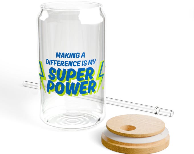 Making A Difference Is My Superpower Glass Can Cup With Straw And Bamboo Lid