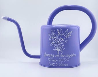 Personalized Watering Can Purple with Floral Bouquet and Customizable Name or Word Design