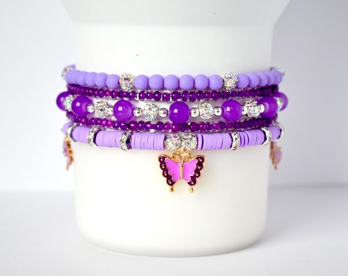Purple Beaded Tumbler Bracelet Stack: Butterfly Charms