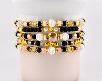 Wild Blooms Bracelet Collection: Black, Cream and Gold Beaded Bracelets