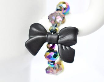 Black Bow Tumbler Handle Bracelet with Iridescent Beads