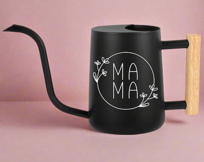 Black Watering Can: Modern Mama Design, Long Spout, Wooden Handle