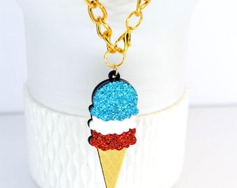 Red White and Blue Ice Cream Cone Tumbler Handle Charm with Gold Chain and Clasp