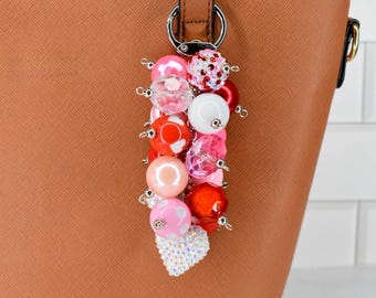 Pink and Red Heart Beaded Bag Charm or Tumbler Straw Charm – Valentine's Keychain