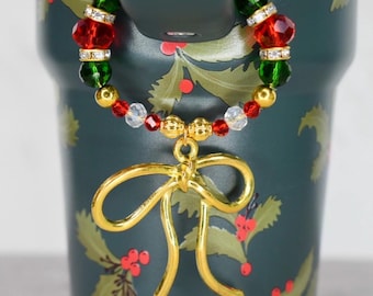 Holiday Botanical Tumbler Handle Charm Bracelet with Gold Bow Charm