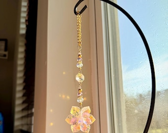 Crystal Lotus Flower Suncatcher Pink Prism Gold Chain Window Hanging Rearview Mirror Charm Car Decor