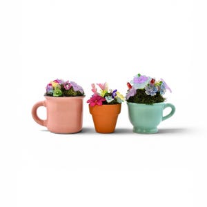 Mini Beaded Flower Arrangement in Tiny Mug or Clay Pot | Handmade Flowers on Moss | Pastel Desk Decor | Forever Bouquet | Fairy Garden Gift