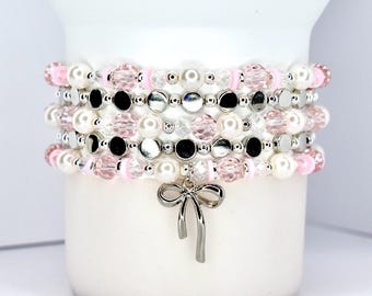 Pink and Silver Bracelet Collection with Silver Bow Charm