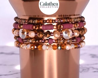 Polished Rose Gold Bracelet Collection: Maroon, Brown, and Cream Beaded Bracelets