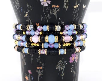 Midnight Floral Bracelet Collection: Black Purple Blue and Gold Beaded Bracelets