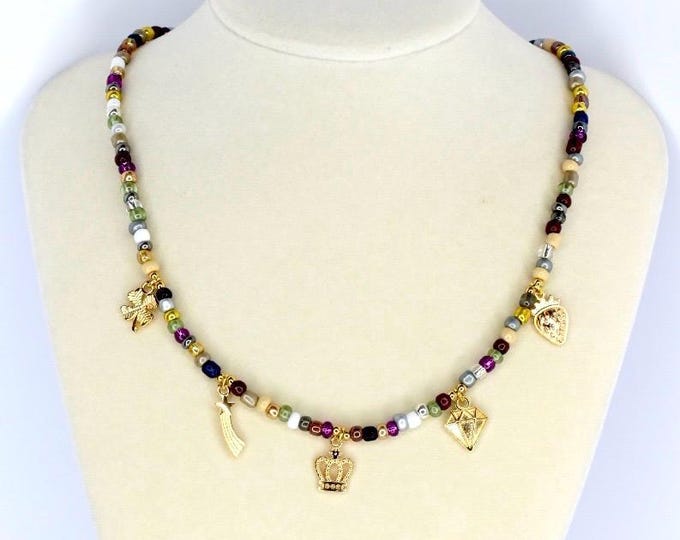 Charm Necklace: Boho Gold Crown, Heart & Leaf - Handmade