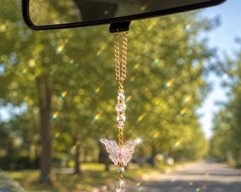 Pink Butterfly Suncatcher with Clear AB Beads & Gold Accents | Rainbow Prism Rearview Mirror Charm