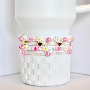Pink Daisy Beaded Bracelet Stack for Tumbler or Wrist: Pastel Flower and Heart Charms