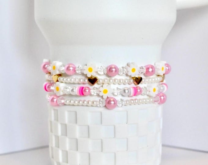 Pink Daisy Beaded Bracelet Stack for Tumbler or Wrist: Pastel Flower and Heart Charms