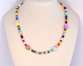 Festival Flower Necklace: Rainbow Seed Beads, Y2K Jewelry, Necklace for Layering