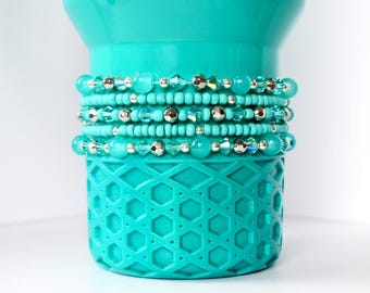 Turquoise Sparkle Bracelet Collection - Aqua Blue and Silver Beaded Bracelets