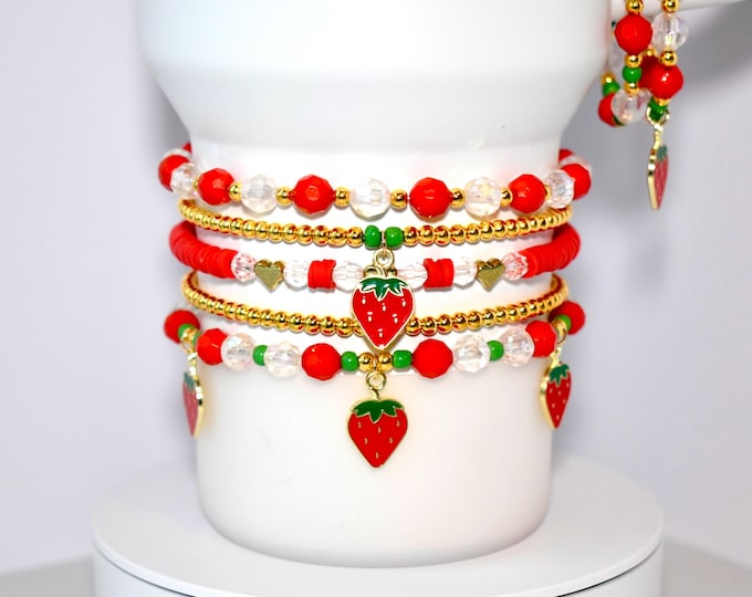 Strawberry Charm Bracelet Stack: Red, Gold & Green Tumbler or Wrist Jewelry