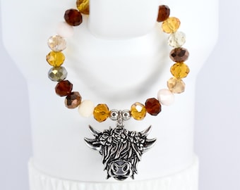 Tumbler Handle Bracelet with Highland Cow Charm and Sparkling Brown Beads