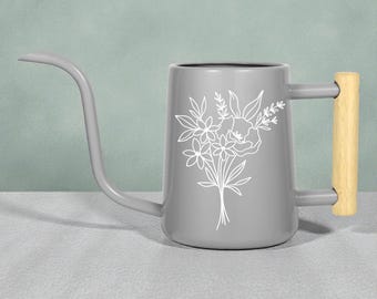 Personalized Watering Can Gray with Floral Bouquet and Customizable Name or Word Design